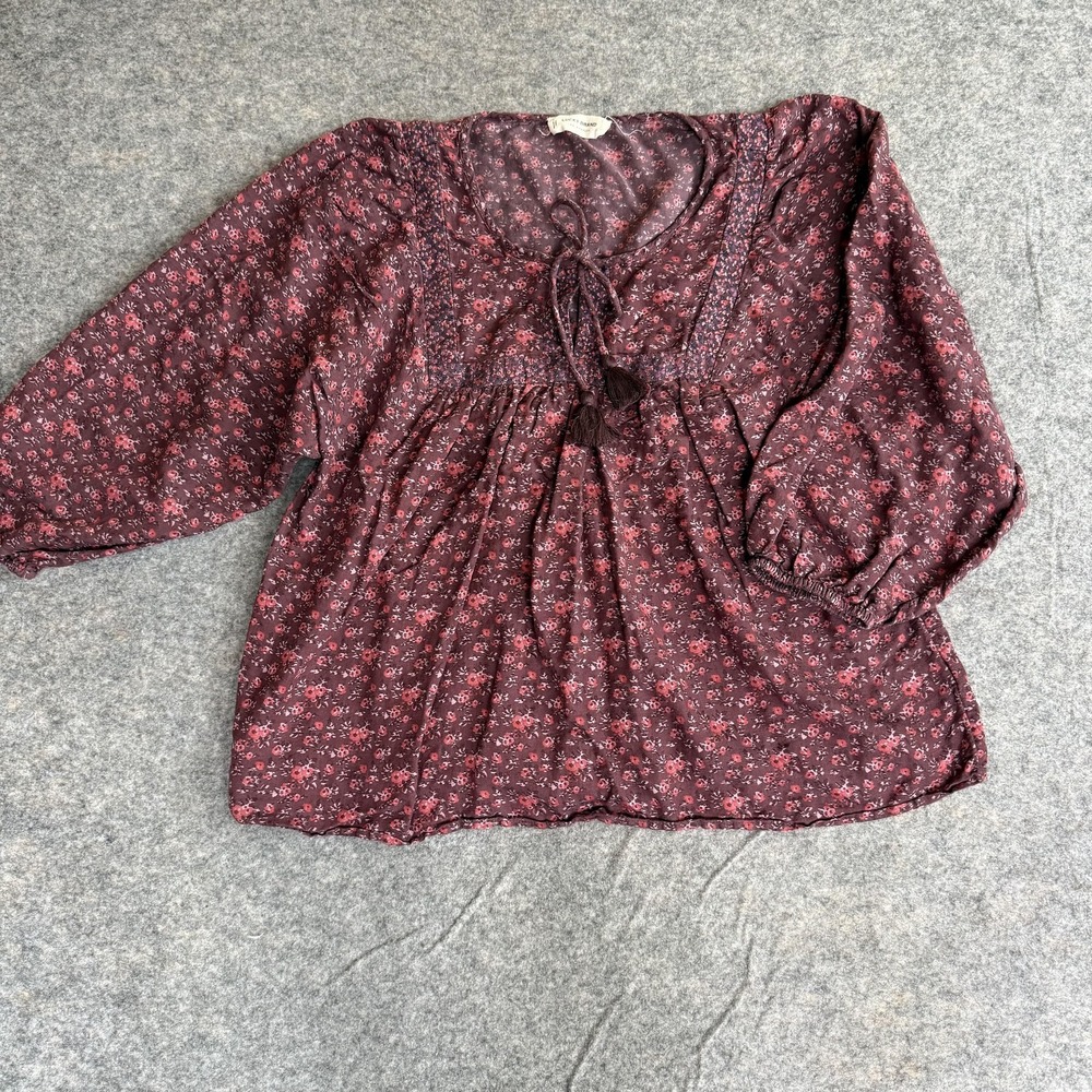 Boho Peasant Blouse Womens Med Floral Tunic Tassel Top Long Sleeve Lucky Brand